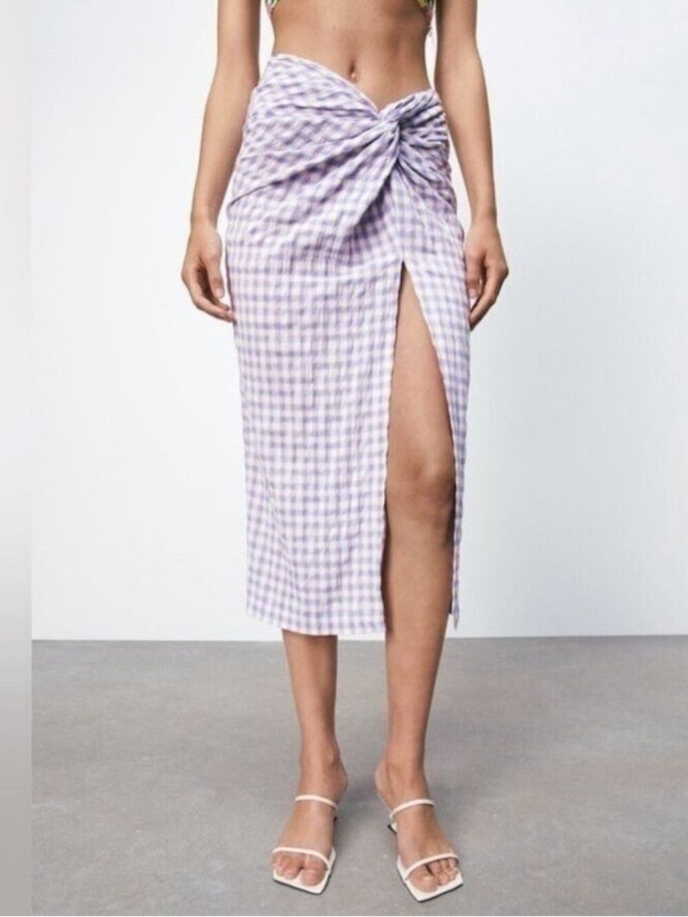 Zara Gingham Plaid Pastel Textured Knotted Front Slit Midi Skirt